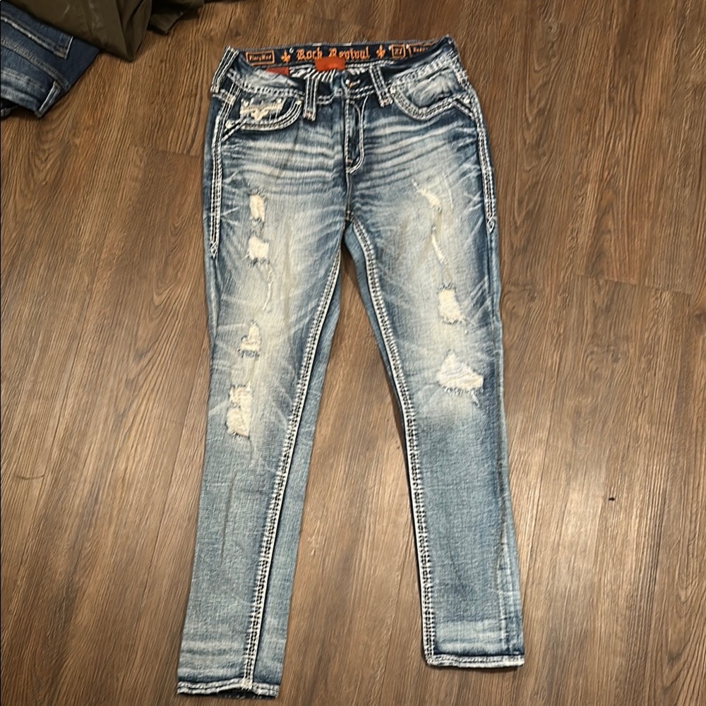 Rock revival (Fiery Red)Blue Skinny Distressed Jeans with Fading